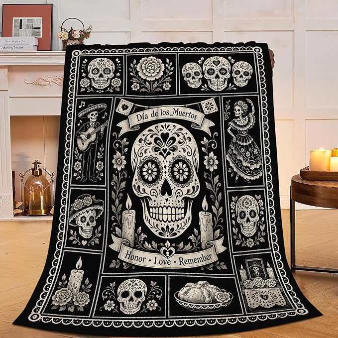 Day Of The Dead Throw Blanket Sugar Skull Floral Folk Blanket 40''X50'' - skull candle