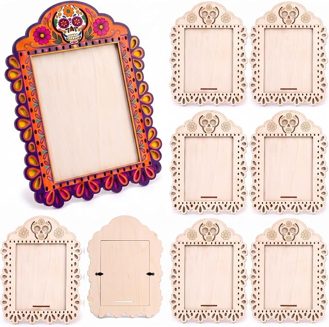 DoubleFill 6 Pcs Dia De Los Muertos Picture Frames Craft, Unfinished Wood - skull painting