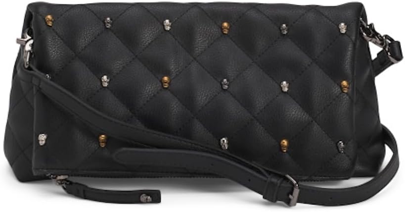 Betsey Johnson XOJAYNE Quilted Convertible Flap Crossbody Bag with Skull Studs, Black, 10.5x6x2.5 in - sugar skull handbags for sale