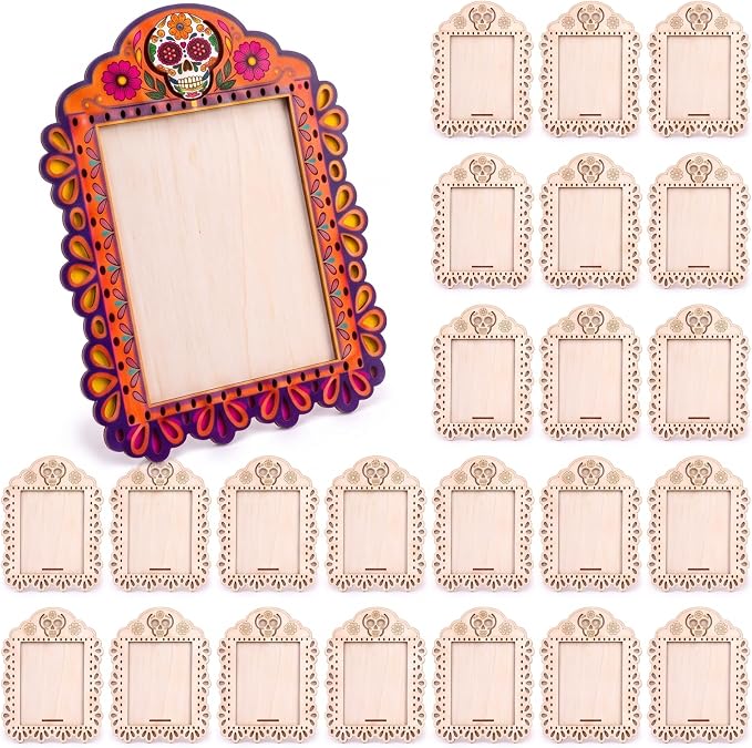 DoubleFill 12 Pcs Dia De Los Muertos Picture Frames Craft, Unfinished Wood - sugar skull ornament