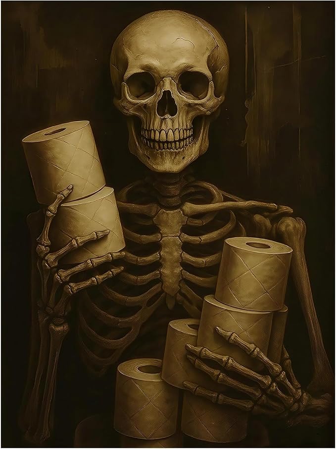 Funny Skeleton Bathroom Poster Vintage Skeleton Holding Toilet Paper Canvas Print Dark Humor Wall Art Gothic Halloween Washroom Decor Quirky Restroom Painting 11X14inch Unframed - skull toilet paper