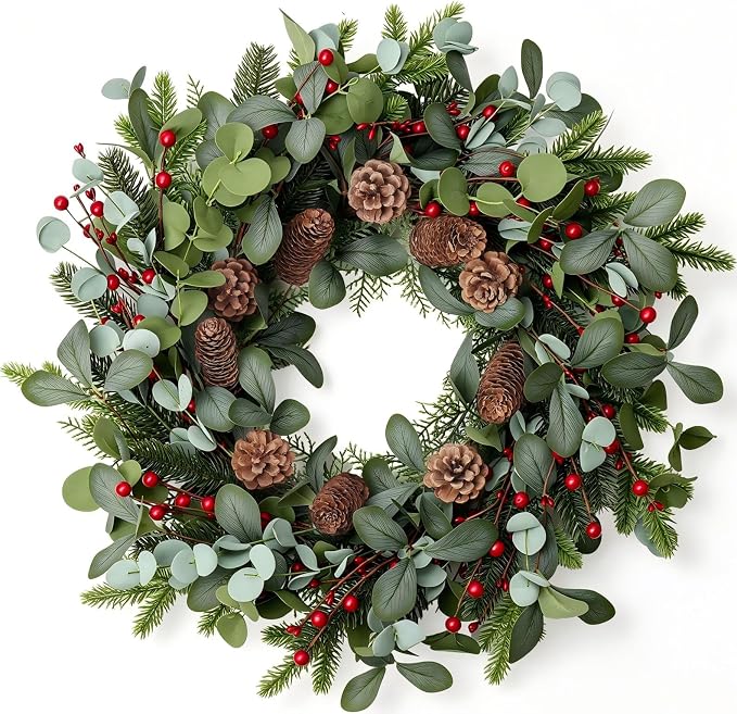 Christmas Wreath 24 Inch Christmas Wreaths for Front Door Artificial Xmas Wreath with Green pine needle Eucalyptus Leaves Pine Cones Red Berries for Wall Window Xmas Holiday Winter Decorations - skull wreath