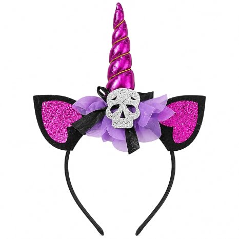 Halloween Unicorn Headband with Silver Glitter Skull, Purple Horn Cat Ear Hair Hoop for Cosplay Costume Party, Spooky Hair Accessory for Halloween Theme Dress Up - skull headband