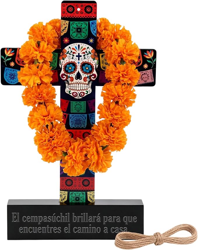 Amyhill Dia De Los Muertos Cross Decor Day of The Dead Altar, Classic - skull wreath