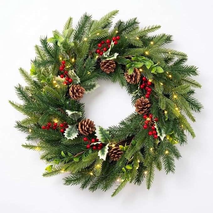 Pre-Lit Christmas Wreath for Front Door, 20In LED Artificial Wreath, Timer - skull wreath