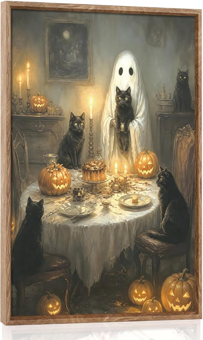 BINCUE Framed Halloween Wall Art,Black Cat Wall Decor,Ghost Pumpkin Artwork - skull wall art