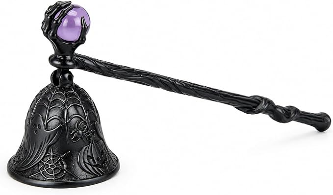 Black Candle Snuffer for Halloween, Skull Hand Gothic Candle Extinguisher with Pumpkin Ghost Pattern & Purple Glass Bead, Dark Witchy Home Decor - skull candle