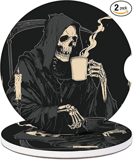 Skull Coffee Car Coasters for Cup Holders 2 Pack, Absorbent Ceramic Car Cup Holder Coaster Accessories for Women Men 2.56 Inch - skull coaster