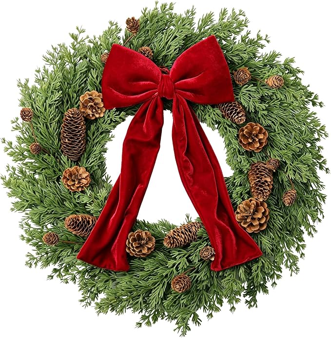 zjlmit Christmas Wreath 24 Inch Christmas Wreaths for Front Door Artificial Pine Needle Wreath with Red Bow Green Pinecone Pine Needle for Winter Wall Window Indoor Outdoor Xmas Holiday - skull wreath