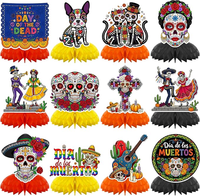 12 Pcs Dia De Los Muertos Honeycomb Decorations Day of The Dead Decorations - skull sticker