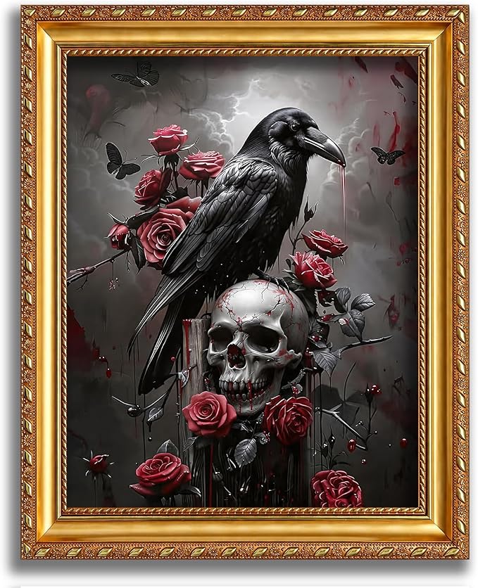 Gothic Raven Skull Wall Art Gold Framed Dark Romantic Decor 10x8 Inch - skull wall art