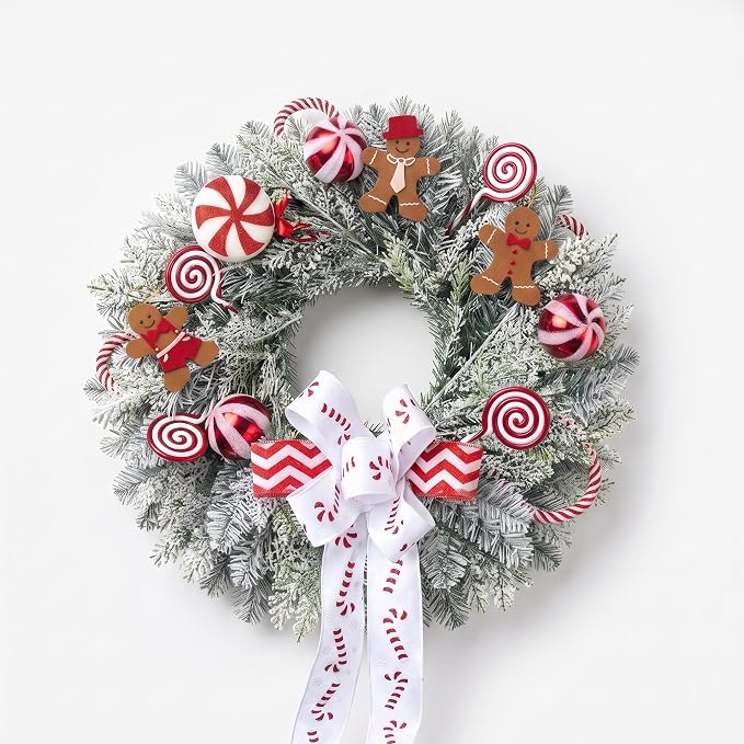 Winter Christmas Wreath Candy Cane Gingerbread for Front Door, 18" Christmas Red White Xmas Indoor Outdoor Wreath, Holiday Wreaths for Window Wall - skull wreath
