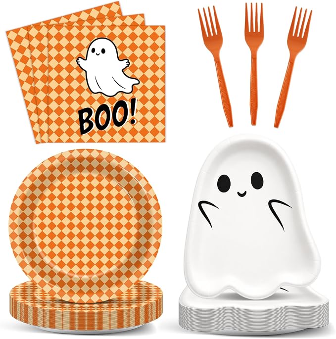 96 Pcs Halloween Ghost Plates and Napkins Orange Halloween Party Decoration - skull plate