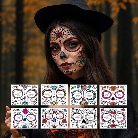 Day of the Dead Face Tattoos – 8 Sheet Halloween Temporary Tattoos Face Sticker Kit Día de Los Muertos Glitter Red Roses Skeleton Sugar Skull Fake Tattoo for Halloween Makeup on Face Body