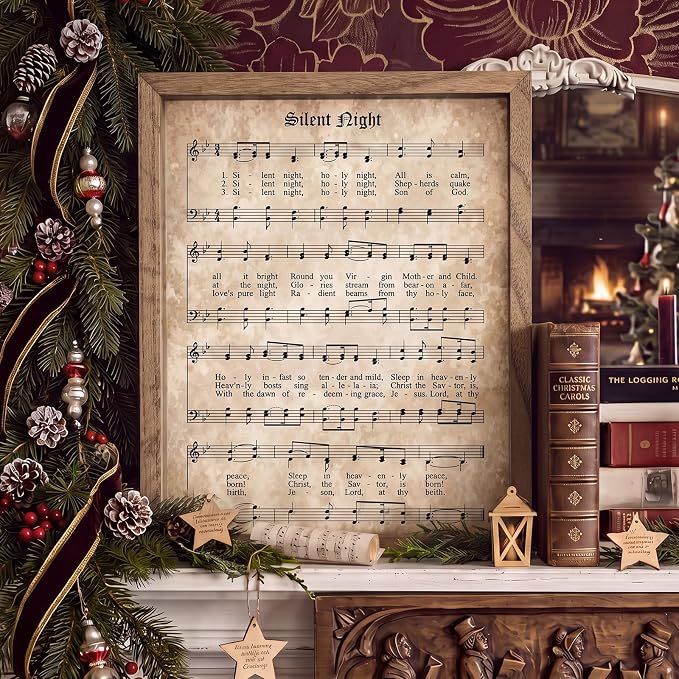 Vintage Framed Christmas Wall Art, Silent Night Wall Decor 13.8 x 11 in - skull wall art