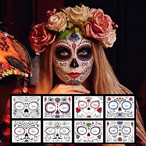 Day of The Dead Sugar Skull Face Temporary Tattoo 8 Pack, Halloween Makeup Tattoo Stickers for Halloween Masquerade Party - sugar skull makeup