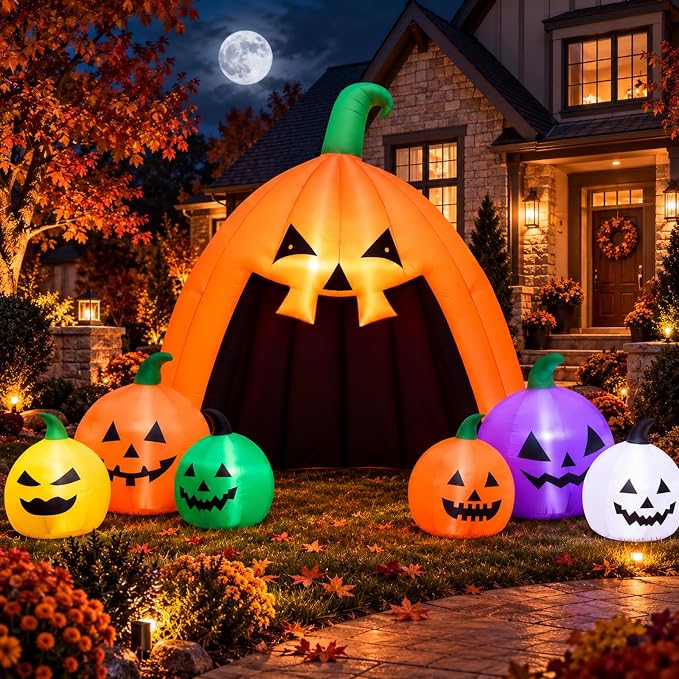 MGparty 14.5FT Halloween Inflatable Walk-in Pumpkin House with LED Lights - skull inflatable