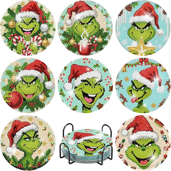 cdjlddww 8 PCS Christmas Diamond Art Coasters Kit, Diamond Painting Coasters with Holder, Non Slip Coaster Art Supplies for Adults, Christmas Gift 4X4inch (Cork Wooden Pad) - skull coaster
