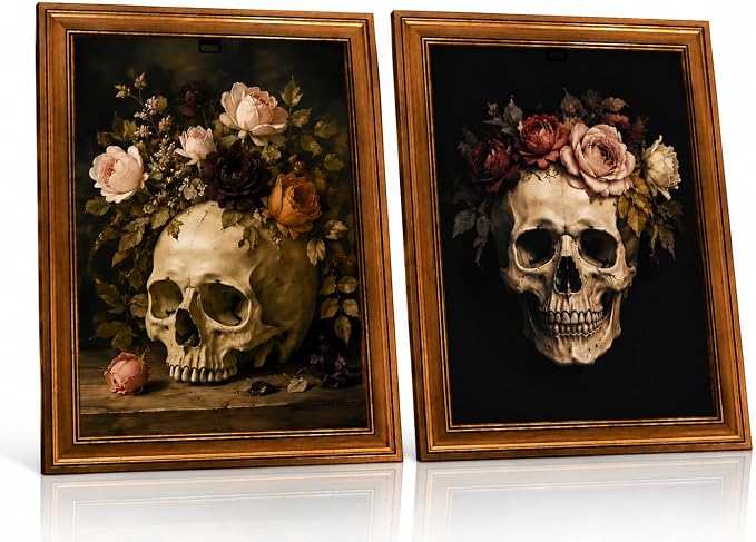 2Pc Framed Gothic Skull Floral Canvas Wall Art 8×10 Vintage Living Room