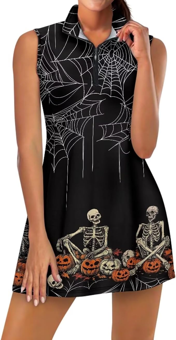 Sleeveless Golf Tennis Dress with Shorts and Pockets XS-2XL - sugar skull dress