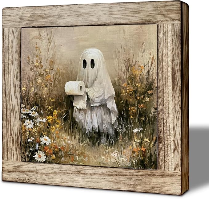 Ghost Toilet Paper Wooden Block Sign, Halloween Bathroom Plaque - skull toilet paper