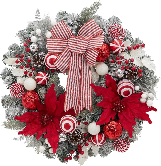 Garvee Pre-Lit 24 Inch Artificial Christmas Wreath with LED Lights, Battery Operated & Timer – Red Bow, Berries & Pine Cones – Indoor Outdoor Holiday Decor for Door, Window, Mantel – Red and White, - skull wreath