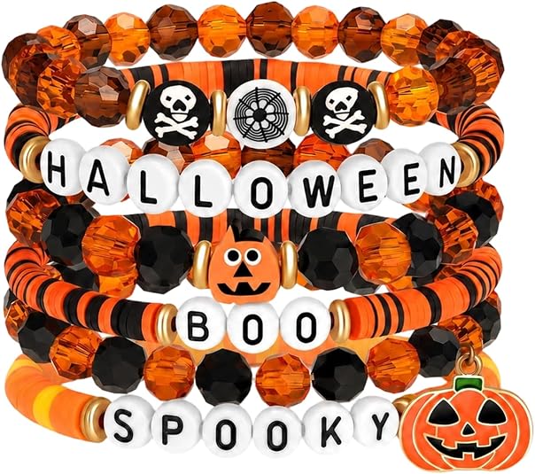 GoHere Halloween Bracelets for Women, Pumpkin Skull Spider Web Charms Stretch Bracelets Boo Spooky Halloween Party Jewelry Fall Costume Accessories Gift for Her - sugar skull costume