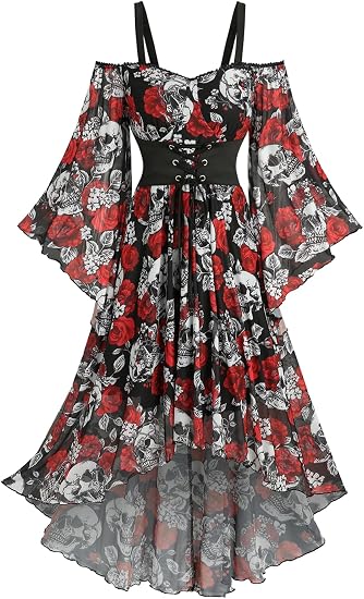 LUNARA Women Gothic Skull Rose Bell Sleeve High Low Hem Halloween Dress - sugar skull dress