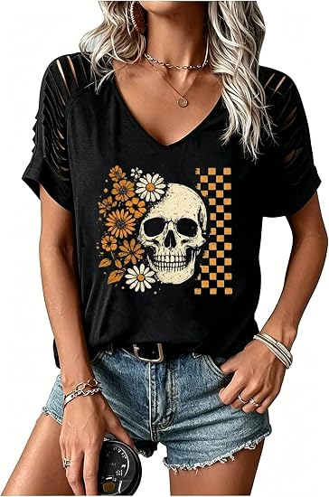 Womens Fall Halloween Thanksgiving Cut Out Cold Shoulder V Neck Shirt Holiday Funny Graphic Tee Casual Autumn Tops - skull tshirt