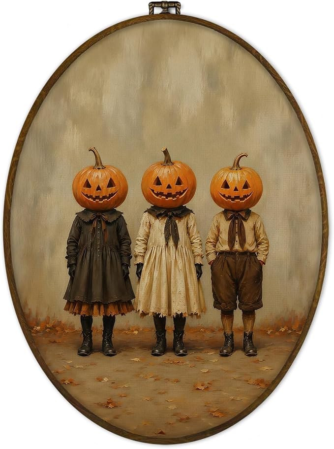 GWFSJYU Halloween Pumpkin Head Children Framed Oval Wall Art Decor, Vintage Cottagecore Fall Canvas Prints Wall Art, Spooky Gothic Thanksgiving Ghost Hanging Decor for Living Room, 8.7×11.3inch