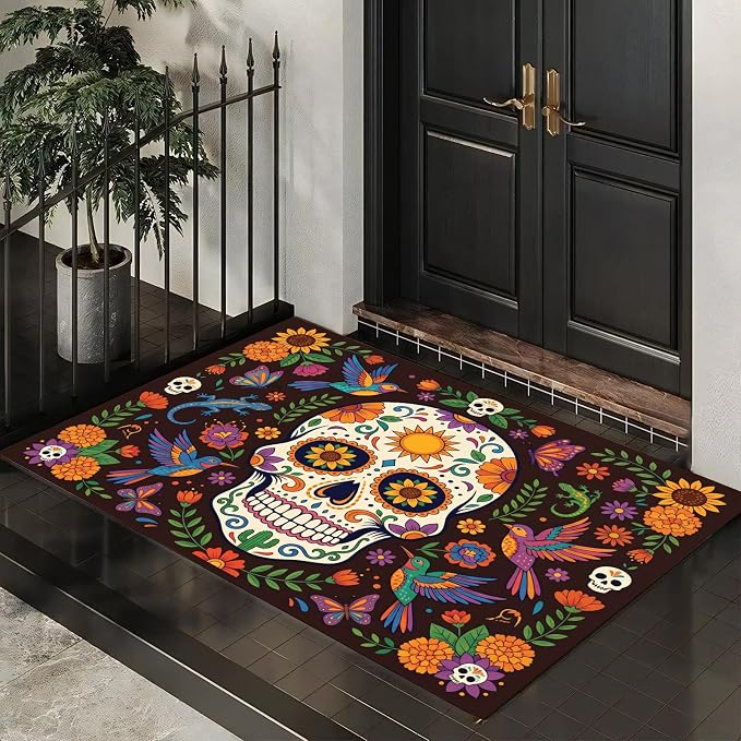 Traditional Mexican Sugar Skull Washable Area Rug 15"X24" Small Entryway Rug Indoor Door Mat Day of The Dead Non Slip Front Door Rugs Kitchen Floor Mat for Entrance Bathroom Foyer, Orange-Green - skull toilet rug