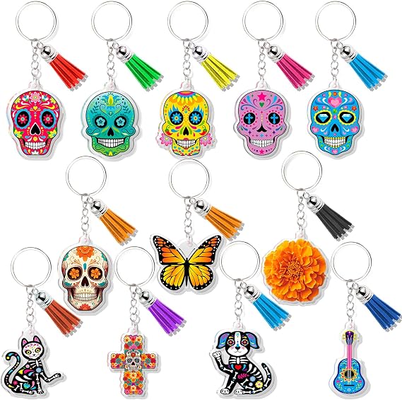 HOWAF Day of the Dead Acrylic Keychain Set - 12pcs Dia de Los Muertos Keychains with Colorful Tassels, Colorful Sugar Skull Keyrings for Mexican Themed Party Gifts Bag Backpack Charms for Men Women - skull backpack