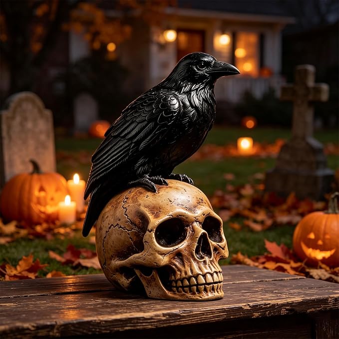 Halloween Raven on Skull Statue Gothic Crow Skull Figurine Decor - skull figurine