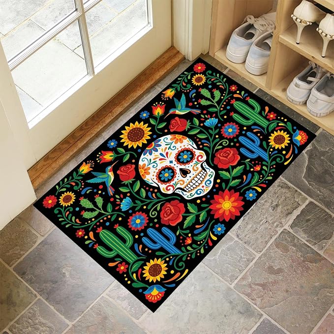 15"X24" Indoor Door Mat, Mexican Day of The Dead Skull Non Slip Small Entryway Rug, Ethnic Flowers Cacti Washable Front Door Rug Low Profile Dirt Trapper Mat for Entrance Bathroom Kitchen, Black - skull toilet mat