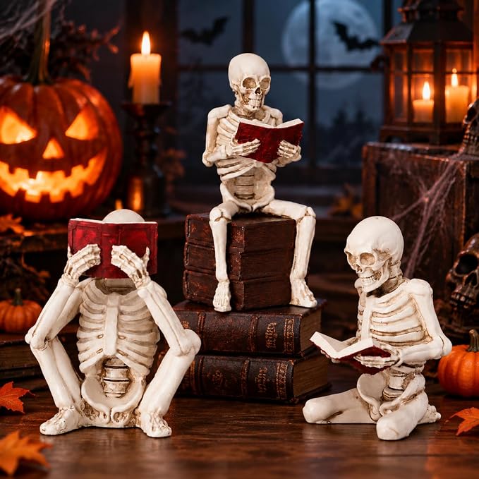 Pinkunn 3 Pcs Halloween Skeleton Statue Reading Book Figurine Gothic Decor - skull figurine