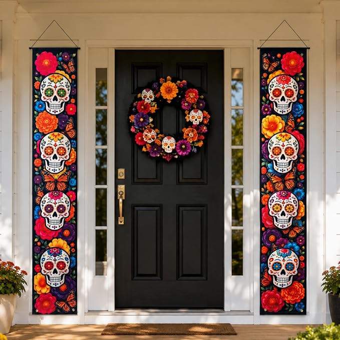 Dia De Los Muertos Decorations Porch Banners Sugar Skull Day Of The Dead - skull wreath
