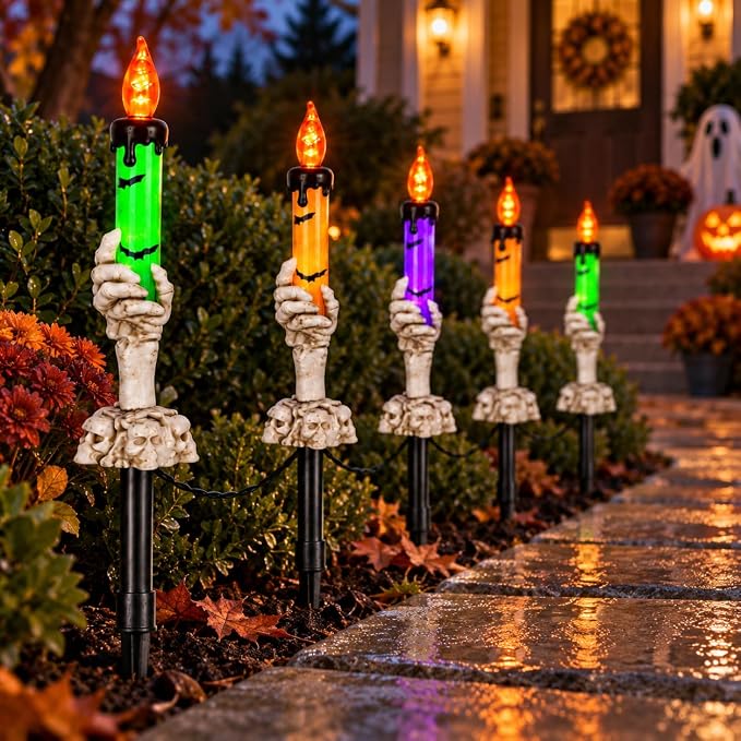 5 Pack Halloween Candle Pathway Lights Outdoor Decorations, Skeleton Hands Hold Lighted Candle Lights Stake with Timer Battery Operated Light Up Skull Halloween Decor for Yard Porch Lawn Garden Party - skull candle