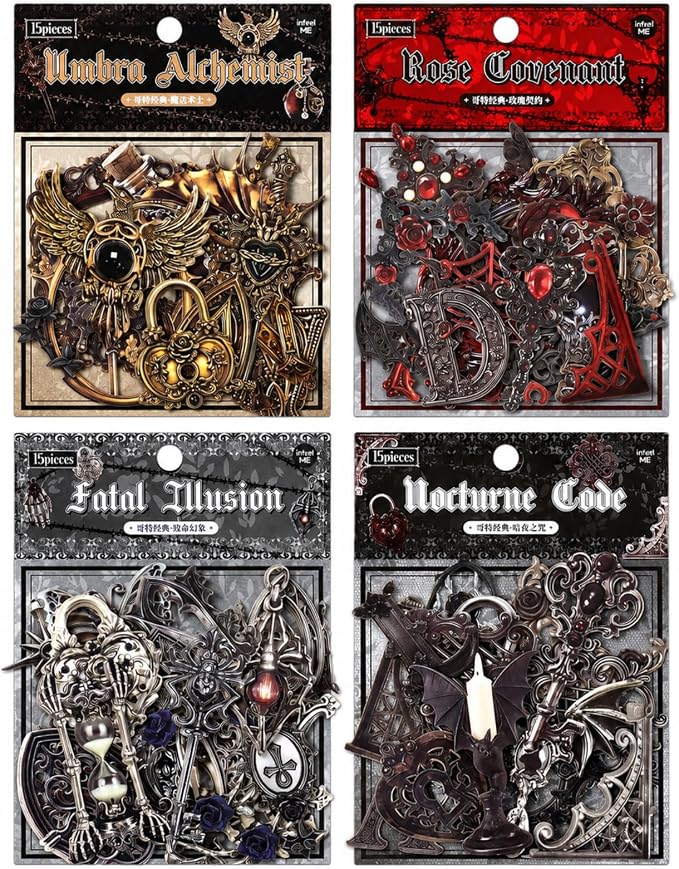 60 Pcs Halloween Gothic Dark Academia Embossed Texture Cardstock Stickers - skull sticker