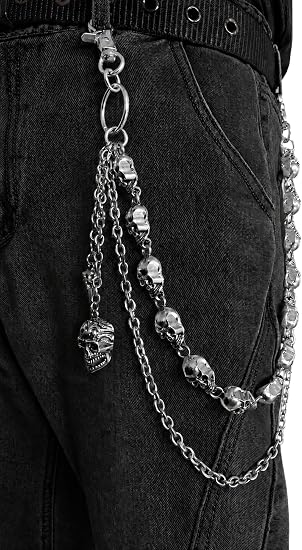 Skull Wallet Chain, Silver Punk Jean Pants Chain for Men Women - skull wallet