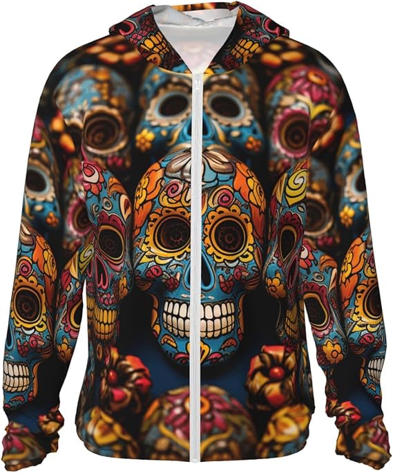 UPF 50+ Sun Protection Hoodie Rash Guard Long Sleeve Sun Shirt Colorful Sugar Skulls UV Shirt Full Zip Jacket - skull sweatshirts