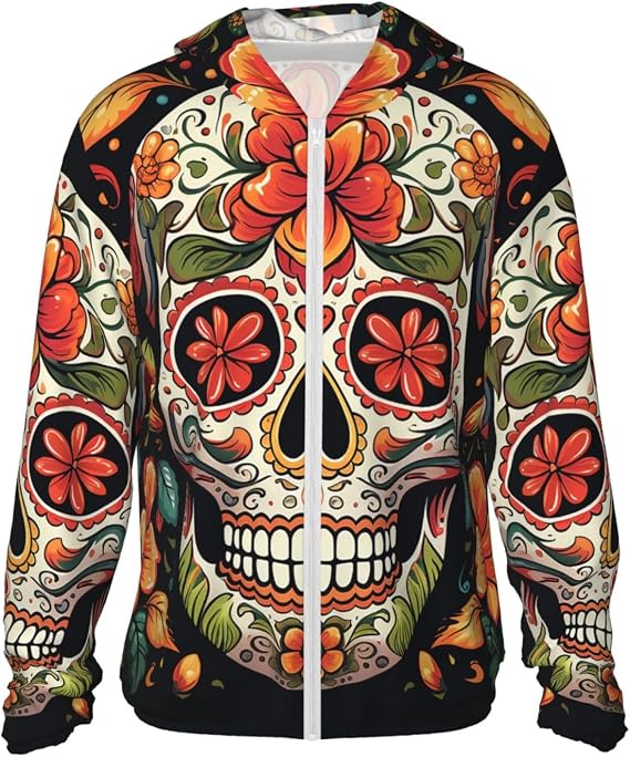 UPF 50+ Sun Protection Hoodie Rash Guard Long Sleeve Sun Shirt Colorful Sugar Skull UV Shirt Full Zip Jacket - skull tshirt
