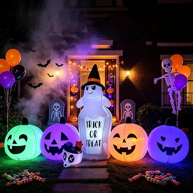 8FT Halloween Inflatable Ghost Tombstone & Jack-o'-Lantern Yard Decor - skull inflatable