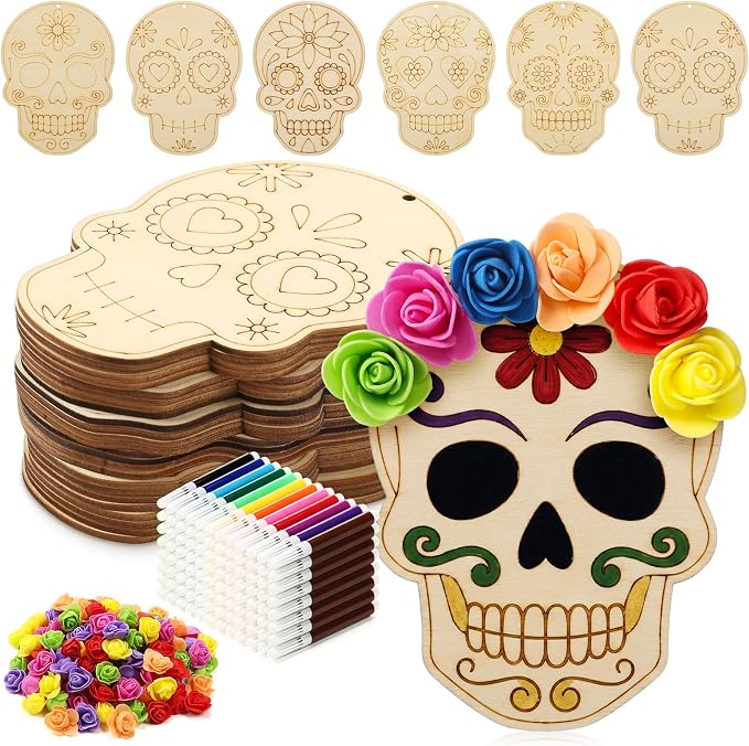 24 Set Day of The Dead Craft Kits DIY Unfinished Wooden Skull Ornament