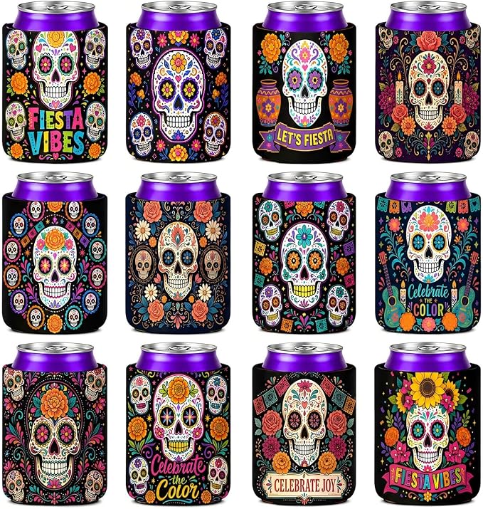 12 Pack Sugar Skull Can Cooler Sleeves, Mexican Fiesta Insulated Drink Can Holders, Beer Beverage Can Covers, Day of the Dead Party Decorations, Holiday Party Favor Supplies for Adults - skull candle