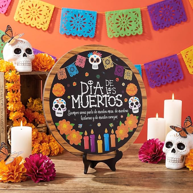 Dia De Los Muertos Wooden Round Sign with Stand Ofrenda,Spanish - skull plate