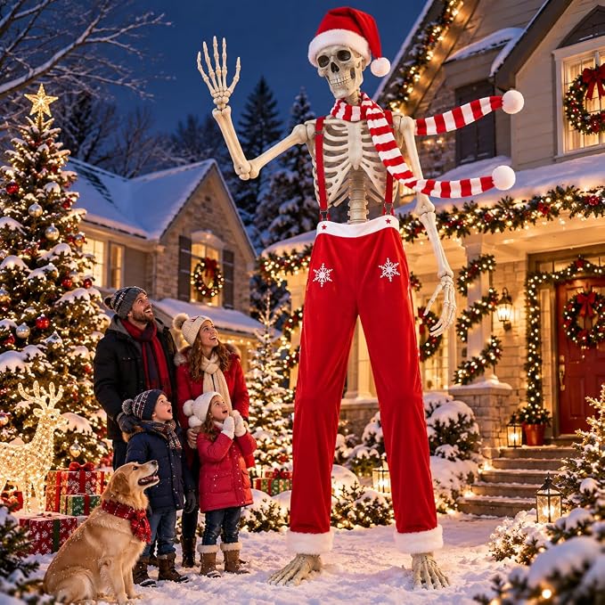 3 Pcs 12 ft Skeleton Christmas Outfit, Giant Santa Hat for 12 Foot Skeleton - skeleton