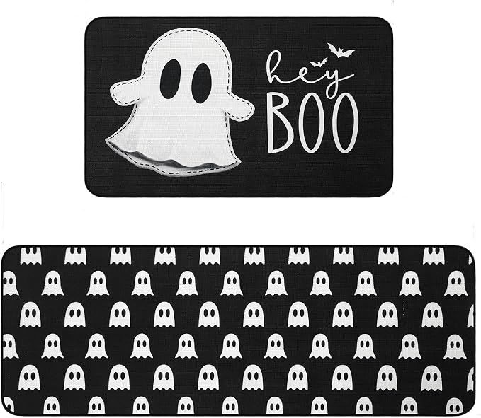 Halloween Kitchen Rugs Set of 2 Hey Boo Bat Kitchen Mats - skull floor mat