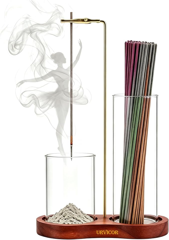 2-in-1 Upside Down Incense Holder with Storage, Anti-Ash Flying Glass Incense Burner Stand, Wooden Base Brass Hanging Incense Ash Catcher for Sticks, Aesthetic Room Decor Gift - skull incense burner