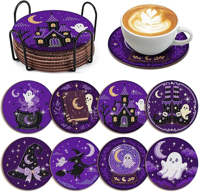 8 Pcs Halloween Diamond Art Coasters Wooden DIY Coasters with Holder Purple Ghost Witch Pumpkin Diamond Art Coasters for Drinks Halloween Crafts Gifts Home Table Decor - skull coaster
