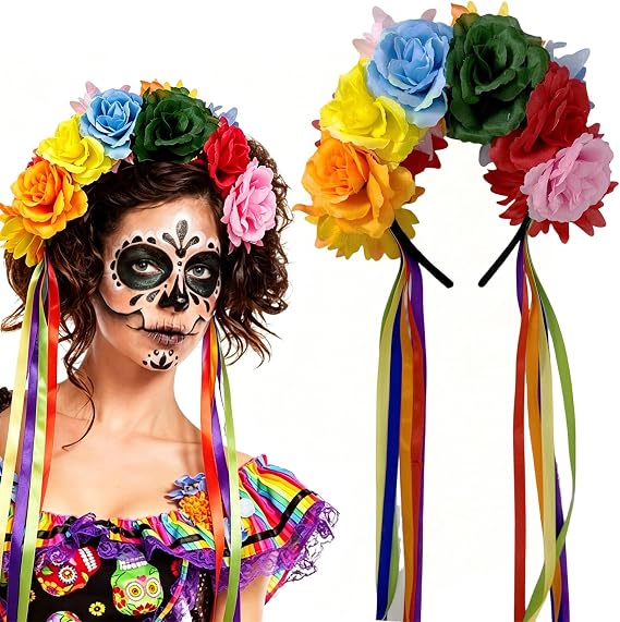 Halloween Mexican Day of The Dead Rose Flower Crown Headband for Women - skull headband